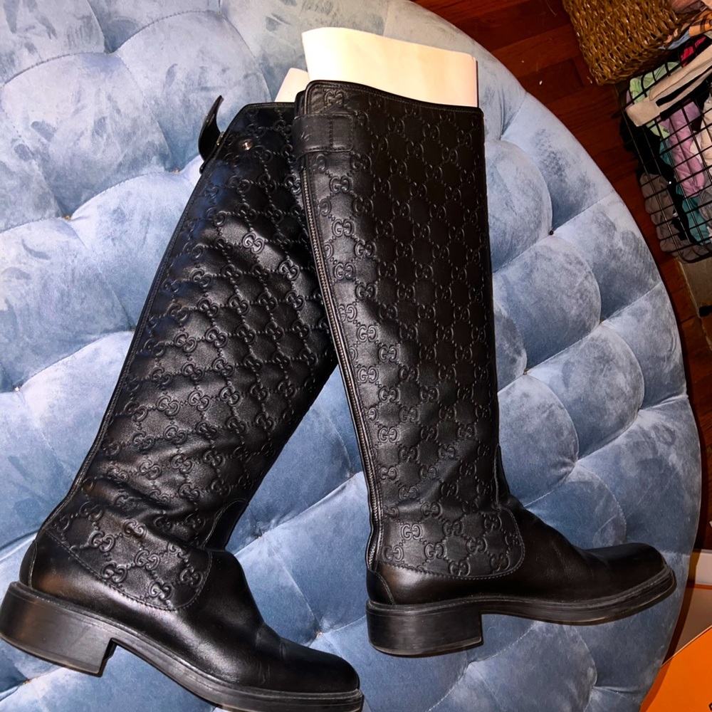Gucci Black Embossed GG Leather Riding Boots